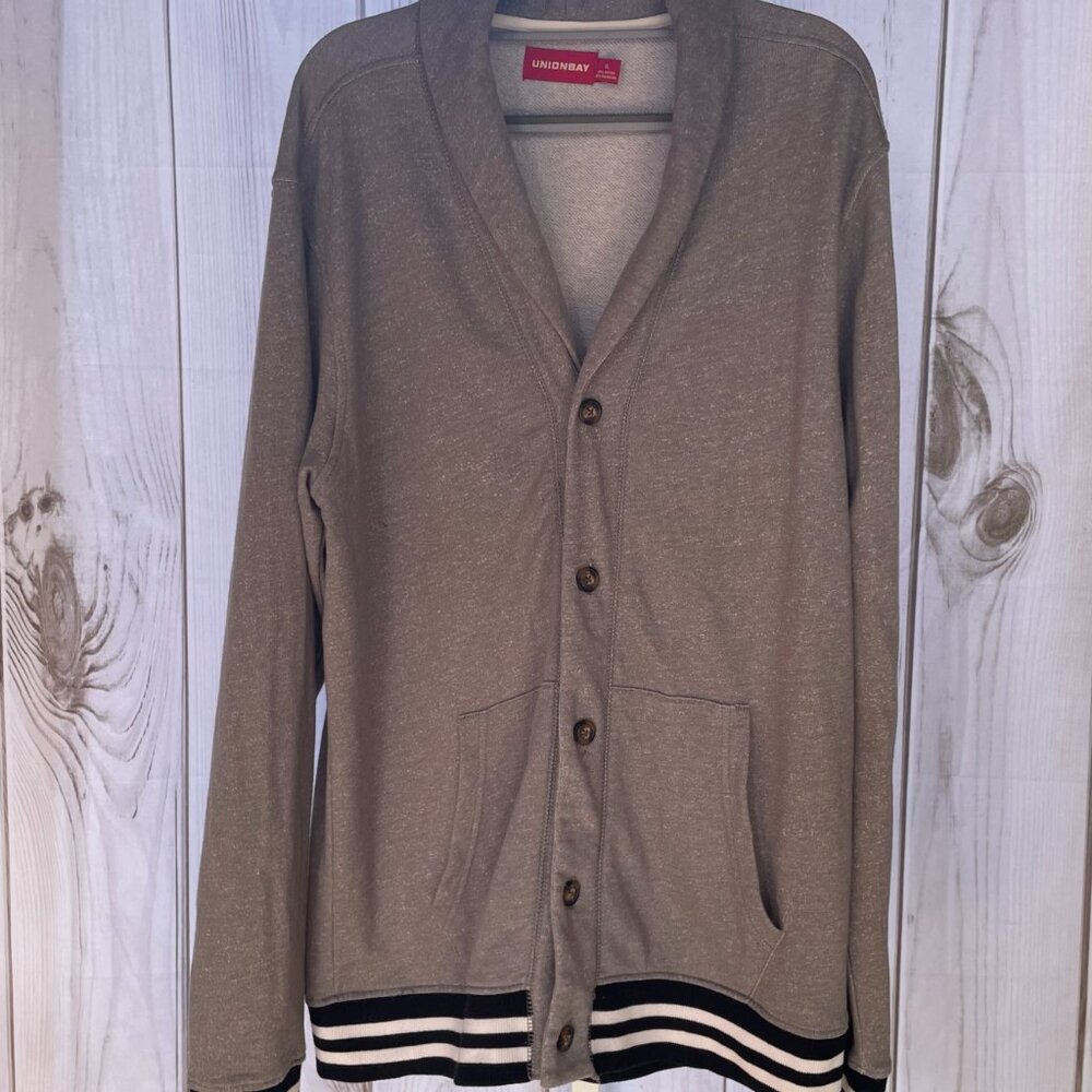 Union Bay Heather Gray Long Sleeve Varsity Cardigan Fleece Sweater Men's XL